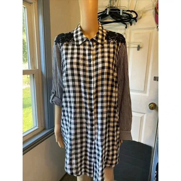 Style &Co Womens 1X Button Up Shirt Black White Gingham Light Cotton Westerncore - Picture 7 of 9